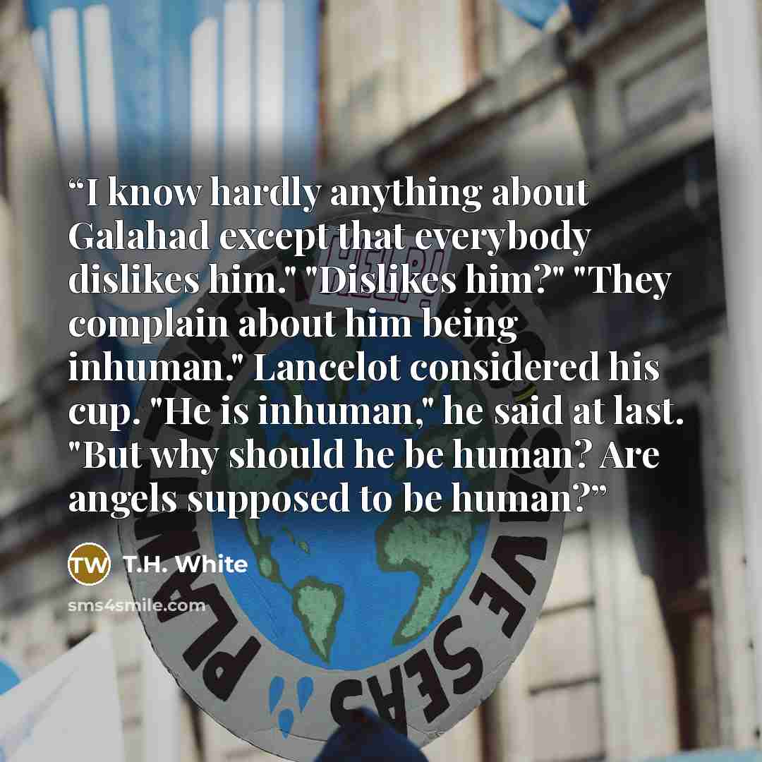 “I know hardly anything about Galahad except that everybody dislikes him." "Dislikes him?" "They complain about him being inhuman." Lancelot considered his cup. "He is inhuman," he said at last. "But why should he be human? Are angels supposed to be human?” quote by T.H. White