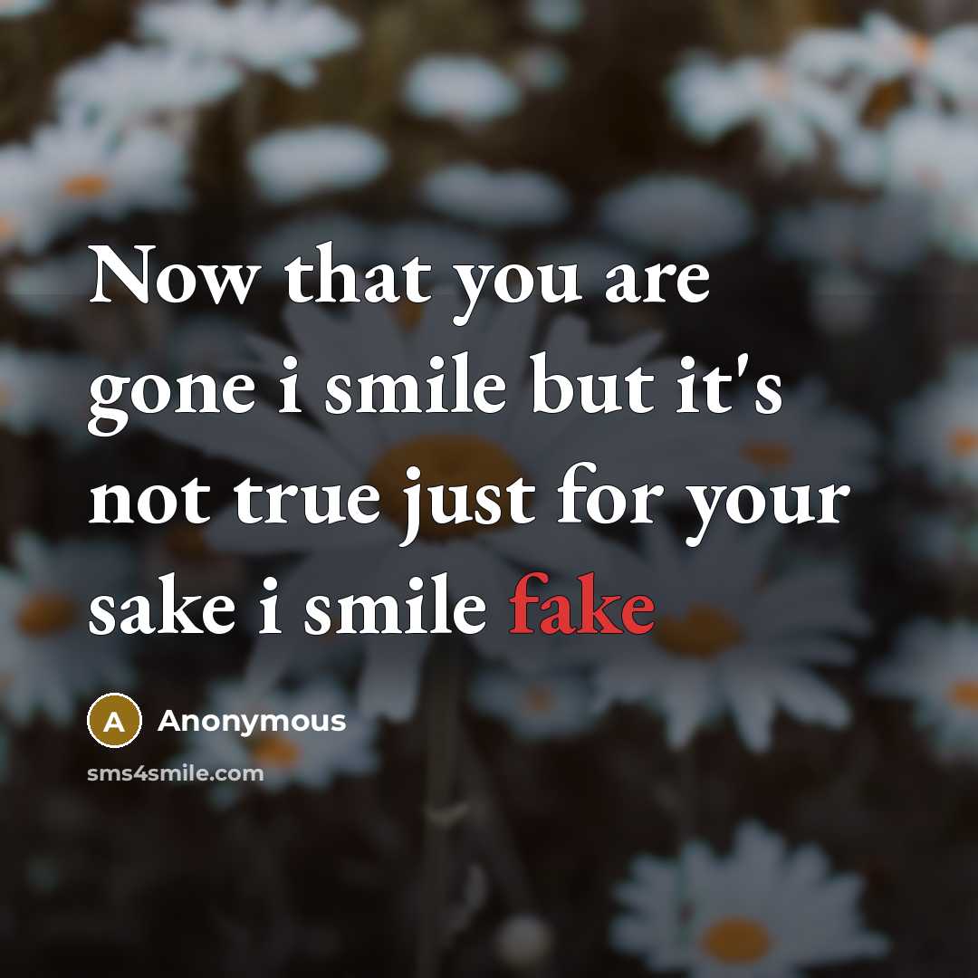 “Now that you are gone i smile but it's not true just for your sake i smile fake” quote by Anonymous