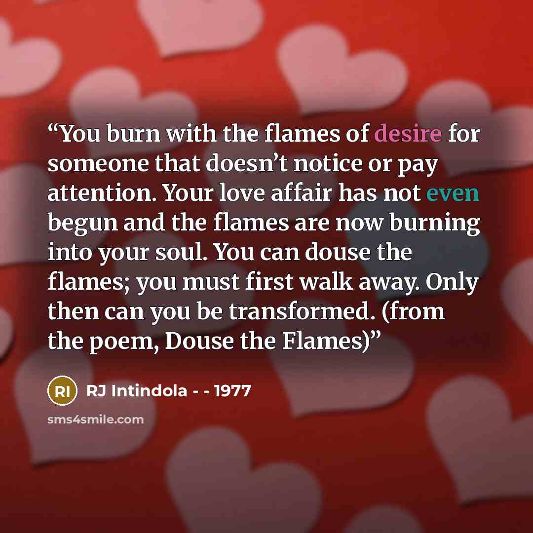 “You burn with the flames of desire for someone that doesn’t notice or pay attention. Your love affair has not even begun and the flames are now burning into your soul. You can douse the flames; you must first walk away. Only then can you be transformed. (from the poem, Douse the Flames)” quote by RJ Intindola - - 1977
