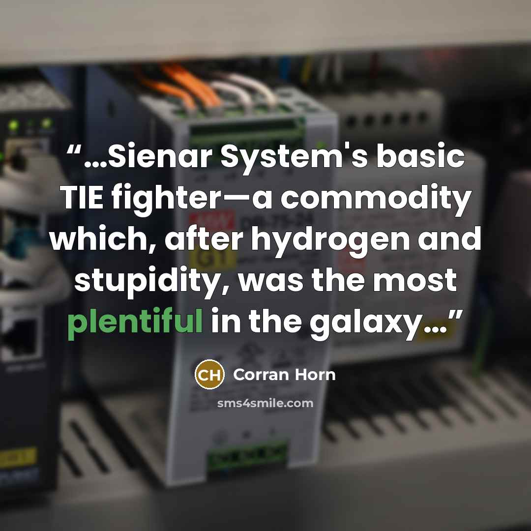 “…Sienar System's basic TIE fighter—a commodity which, after hydrogen and stupidity, was the most plentiful in the galaxy…” quote by Corran Horn