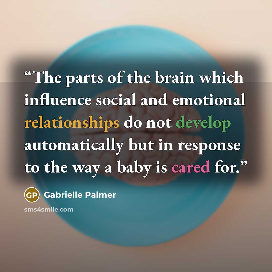 “The parts of the brain which influence social and emotional relationships do not develop automatically but in response to the way a baby is cared for.” quote by Gabrielle Palmer