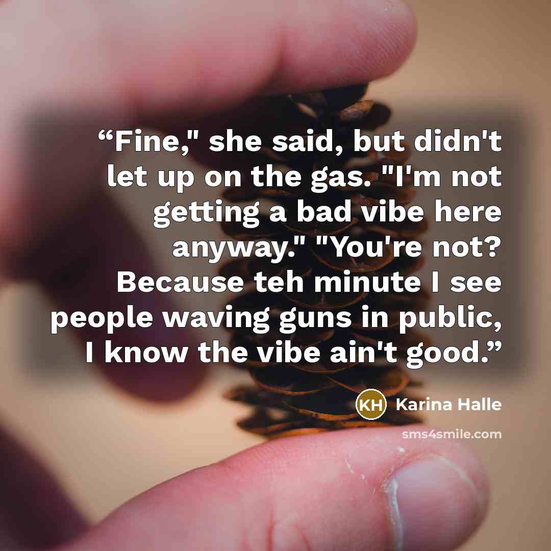 “Fine," she said, but didn't let up on the gas. "I'm not getting a bad vibe here anyway." "You're not? Because teh minute I see people waving guns in public, I know the vibe ain't good.” quote by Karina Halle