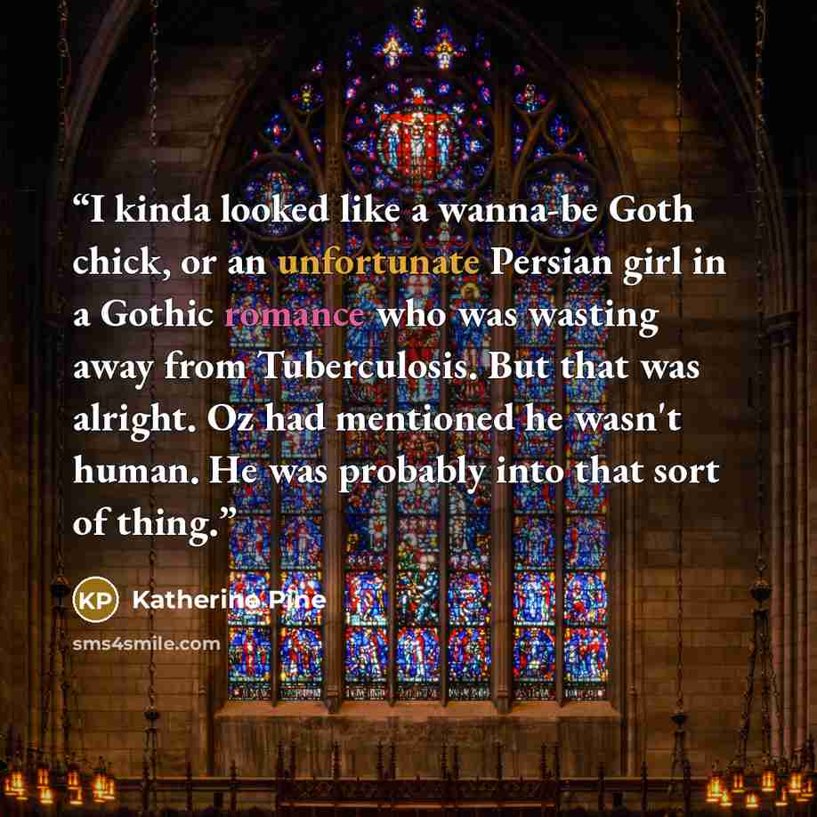 “I kinda looked like a wanna-be Goth chick, or an unfortunate Persian girl in a Gothic romance who was wasting away from Tuberculosis. But that was alright. Oz had mentioned he wasn't human. He was probably into that sort of thing.” quote by Katherine Pine