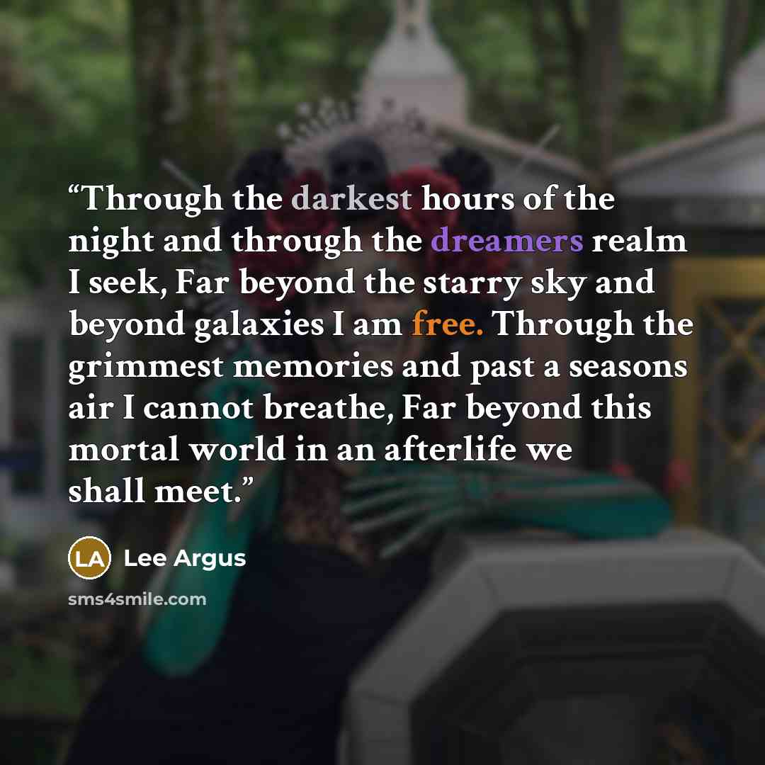 “Through the darkest hours of the night and through the dreamers realm I seek, Far beyond the starry sky and beyond galaxies I am free. Through the grimmest memories and past a seasons air I cannot breathe, Far beyond this mortal world in an afterlife we shall meet.” quote by Lee Argus