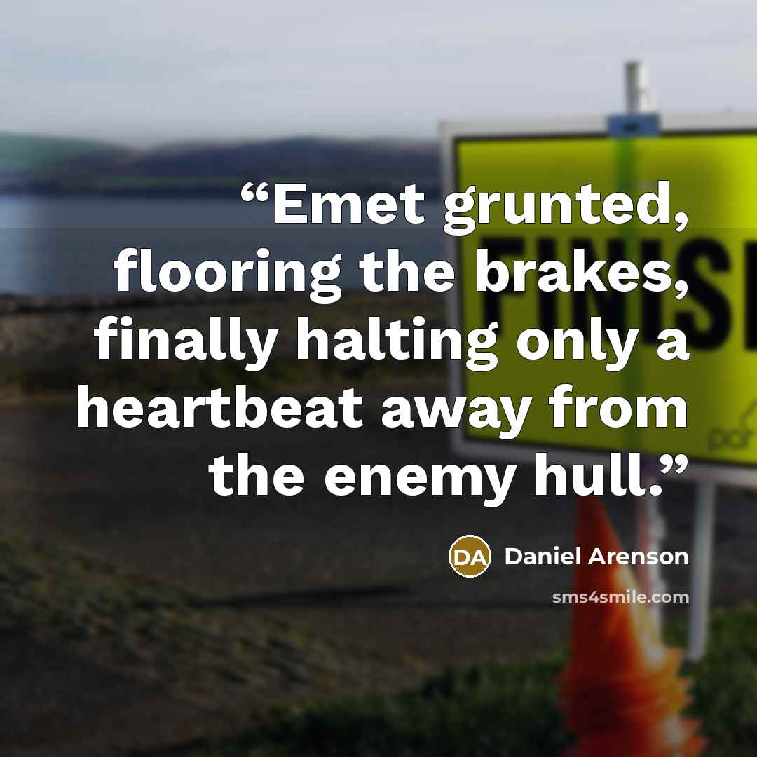 “Emet grunted, flooring the brakes, finally halting only a heartbeat away from the enemy hull.” quote by Daniel Arenson