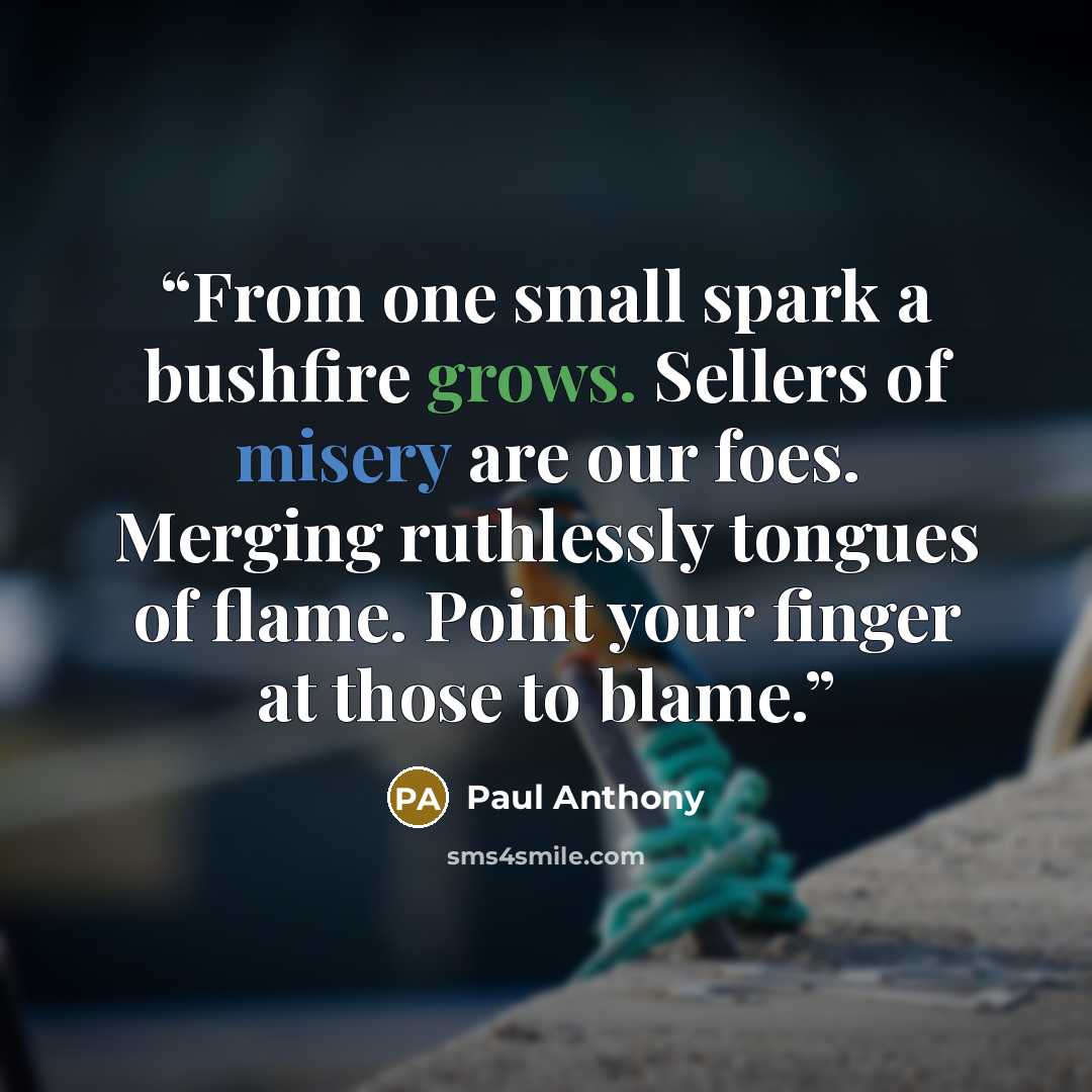 “From one small spark a bushfire grows. Sellers of misery are our foes. Merging ruthlessly tongues of flame. Point your finger at those to blame.” quote by Paul Anthony
