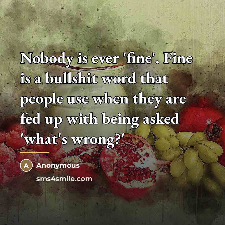 “Nobody is ever 'fine'. Fine is a bullshit word that…” quote by Anonymous