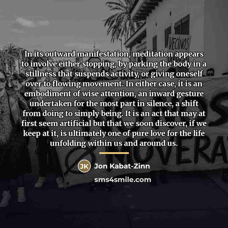 “In its outward manifestation, meditation appears to involve either stopping,…” quote by Jon Kabat-Zinn