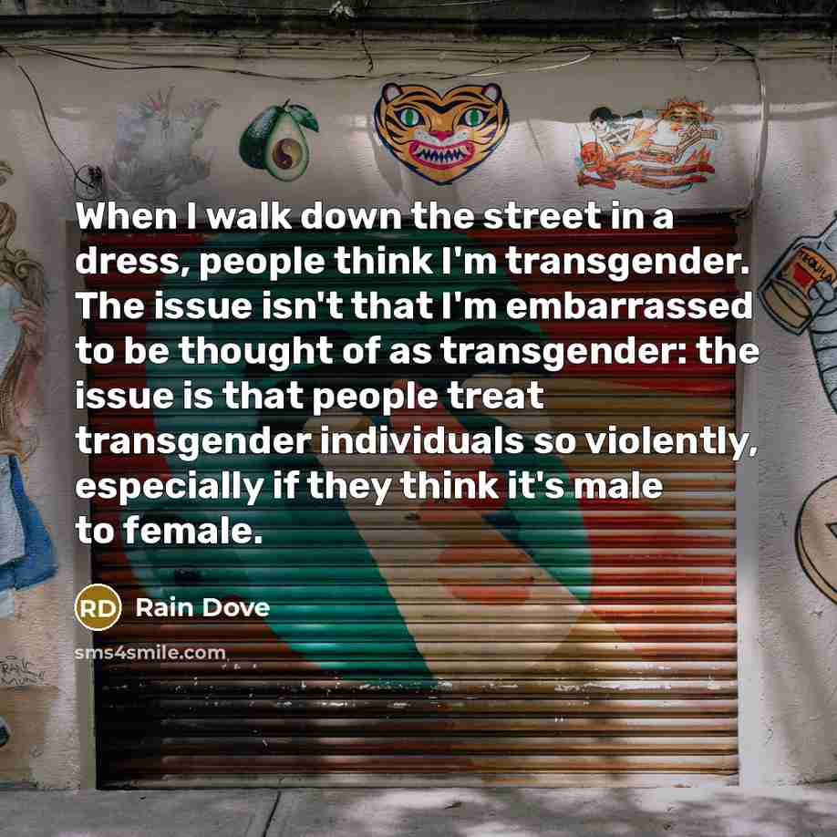 “When I walk down the street in a dress, people…” quote by Rain Dove
