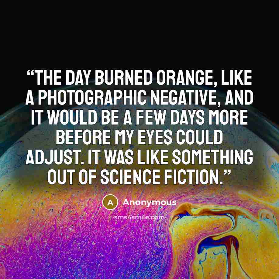 “The day burned orange, like a photographic negative, and it would be a few days more before my eyes could adjust. It was like something out of science fiction.” quote by Anonymous