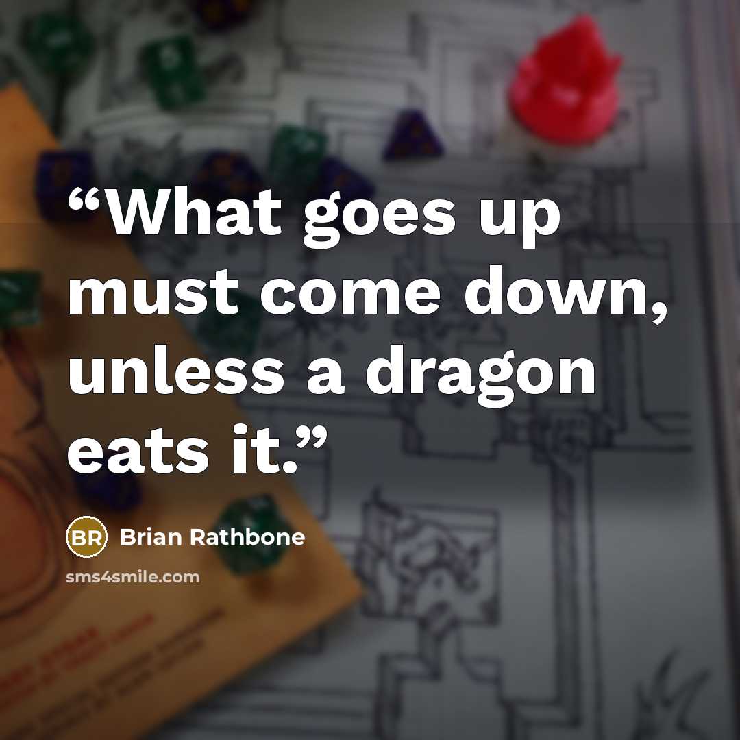 “What goes up must come down, unless a dragon eats it.” quote by Brian Rathbone