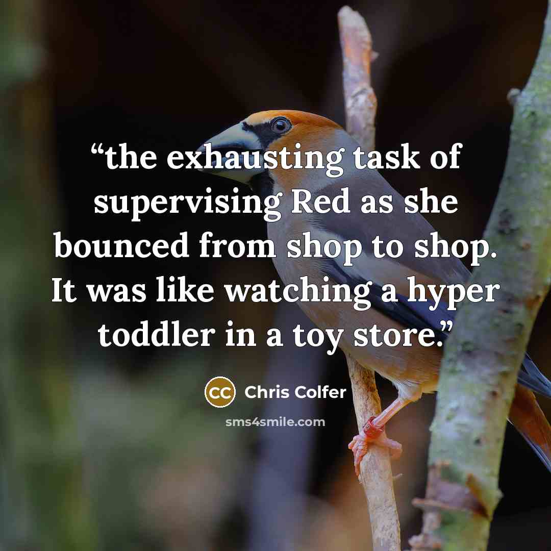 “the exhausting task of supervising Red as she bounced from shop to shop. It was like watching a hyper toddler in a toy store.” quote by Chris Colfer