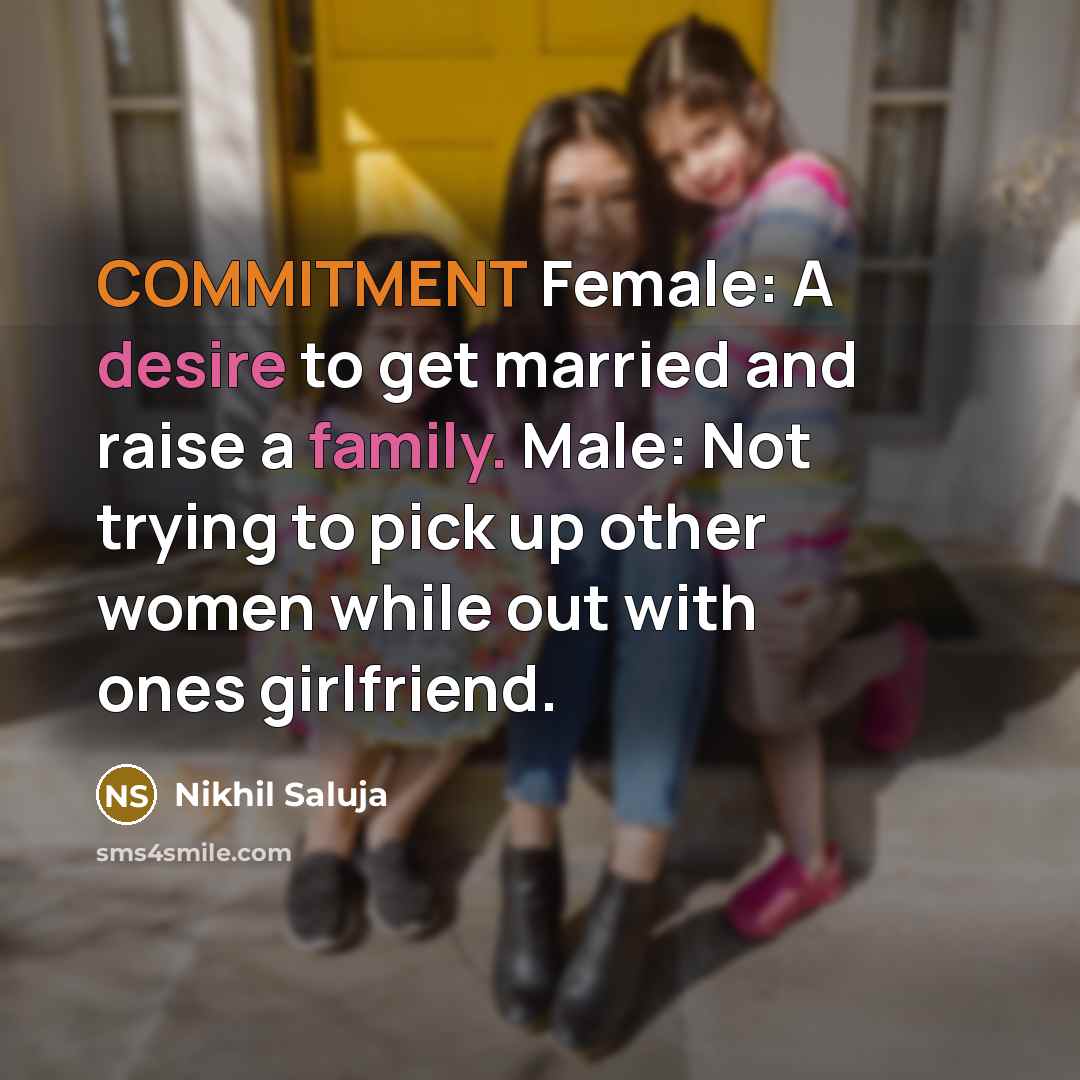 “COMMITMENT Female: A desire to get married and raise a family. Male: Not trying to pick up other women while out with ones girlfriend.” quote by Nikhil Saluja