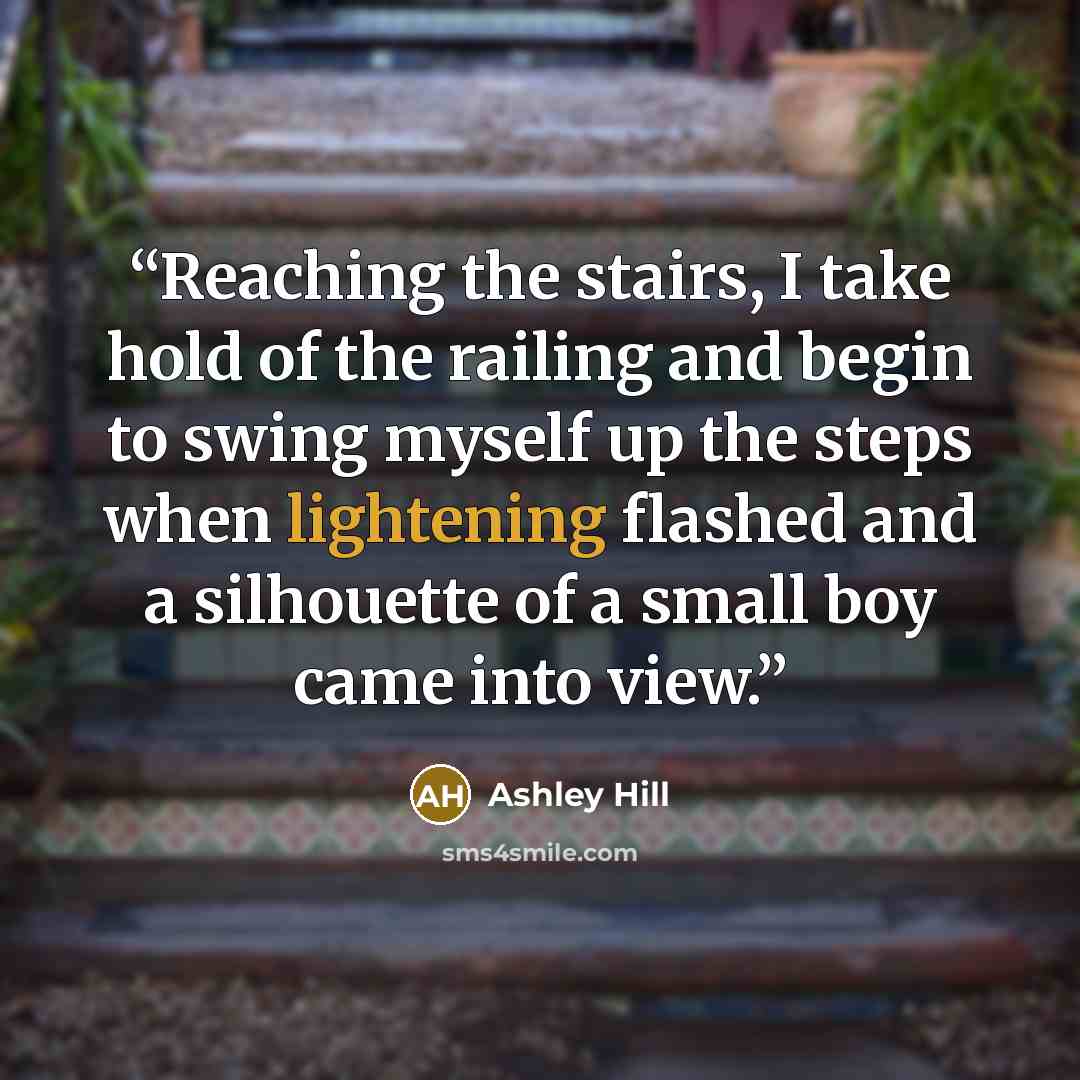 “Reaching the stairs, I take hold of the railing and begin to swing myself up the steps when lightening flashed and a silhouette of a small boy came into view.” quote by Ashley Hill