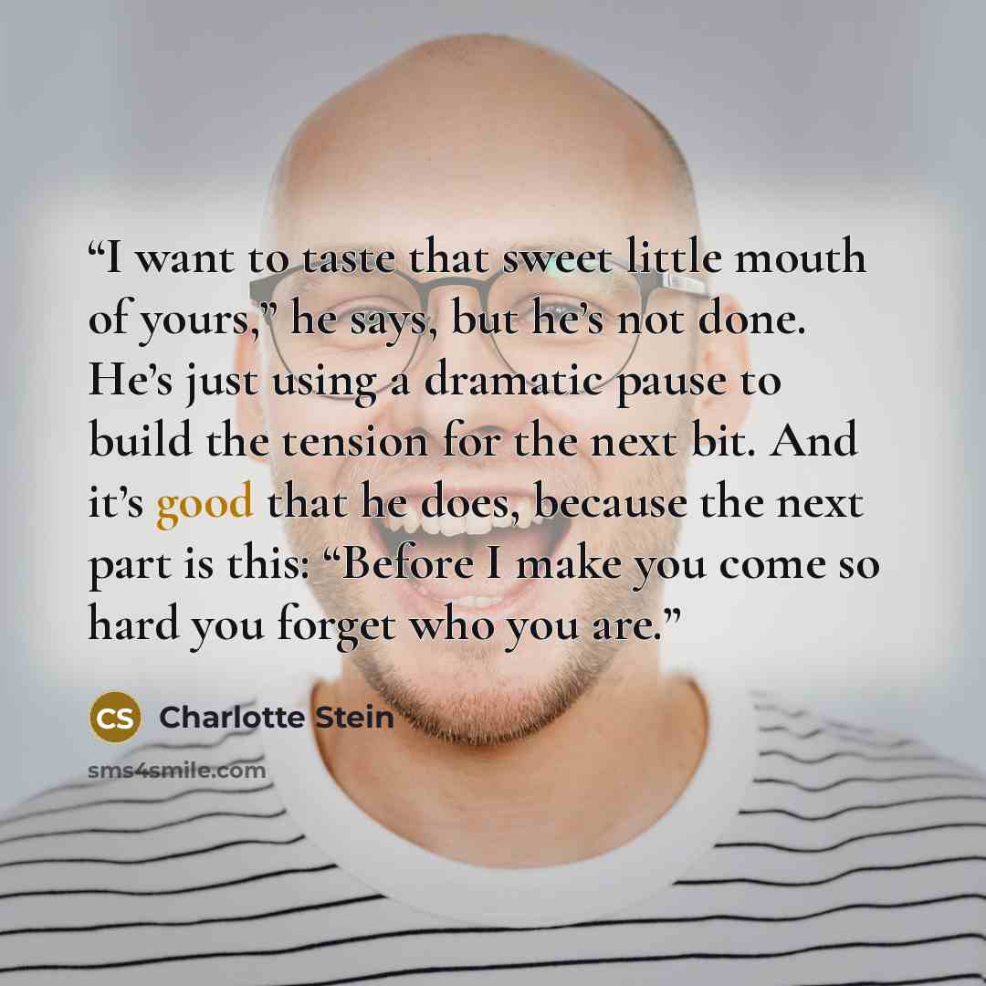 “I want to taste that sweet little mouth of yours,” he says, but he’s not done. He’s just using a dramatic pause to build the tension for the next bit. And it’s good that he does, because the next part is this: “Before I make you come so hard you forget who you are.” quote by Charlotte Stein