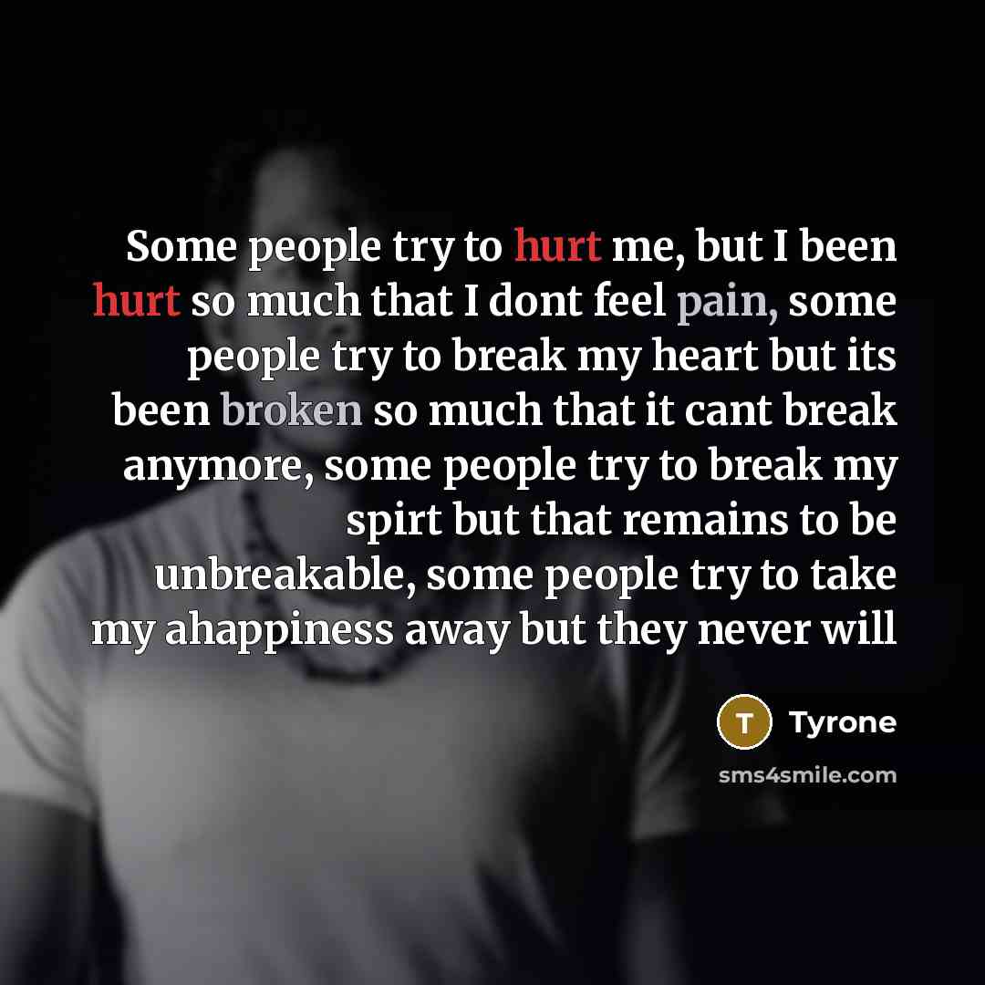 “Some people try to hurt me, but I been hurt so much that I dont feel pain, some people try to break my heart but its been broken so much that it cant break anymore, some people try to break my spirt but that remains to be unbreakable, some people try to take my ahappiness away but they never will” quote by Tyrone