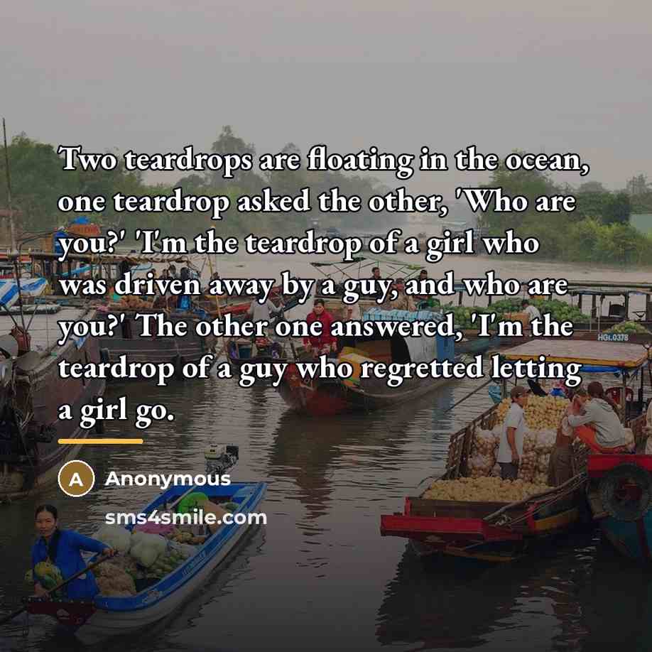 “Two teardrops are floating in the ocean, one teardrop asked…” quote by Anonymous