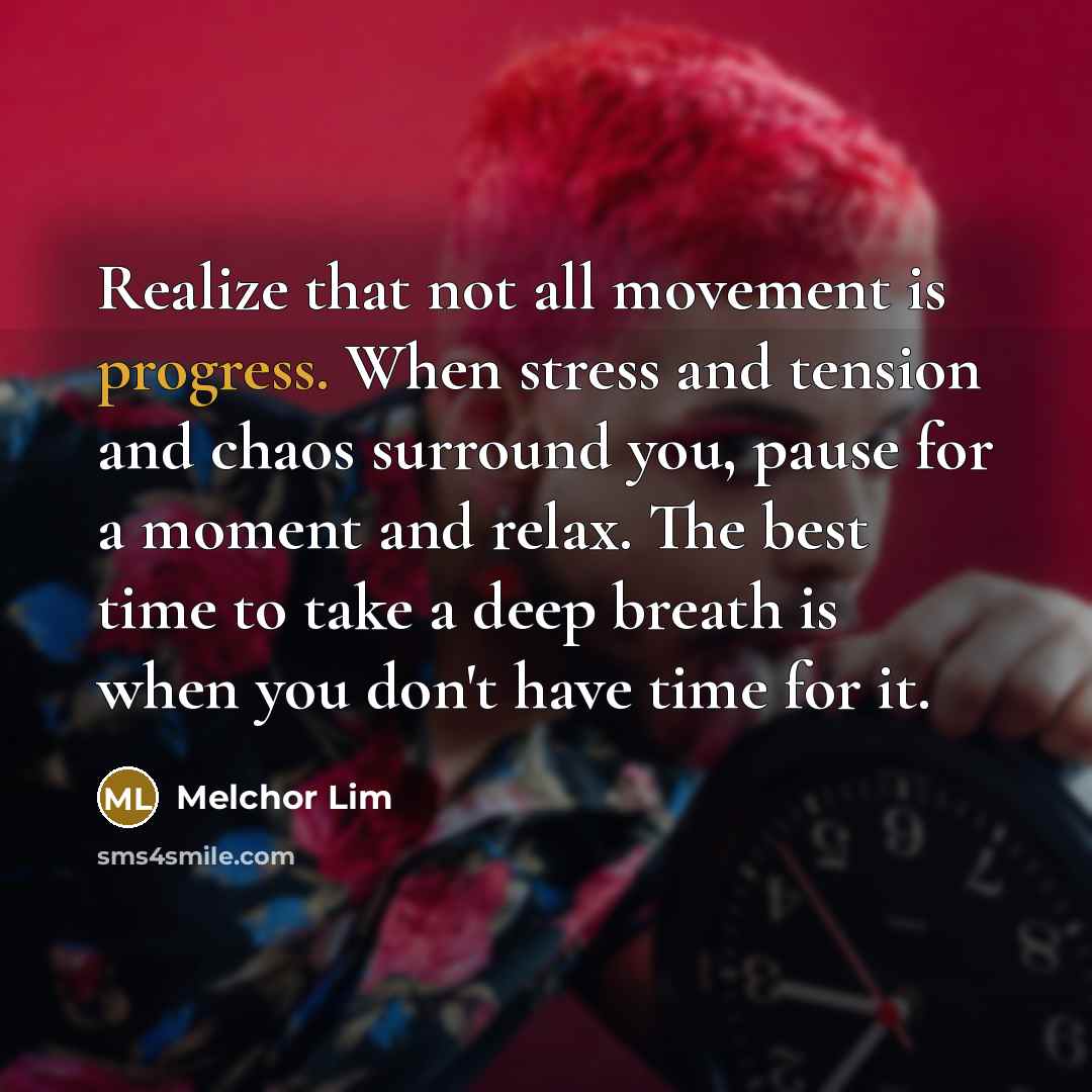 “Realize that not all movement is progress. When stress and tension and chaos surround you, pause for a moment and relax. The best time to take a deep breath is when you don't have time for it.” quote by Melchor Lim