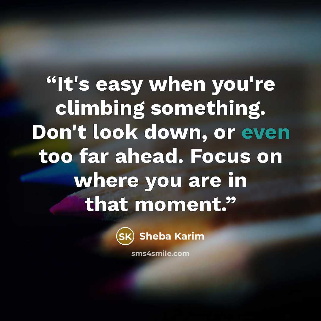 “It's easy when you're climbing something. Don't look down, or even too far ahead. Focus on where you are in that moment.” quote by Sheba Karim