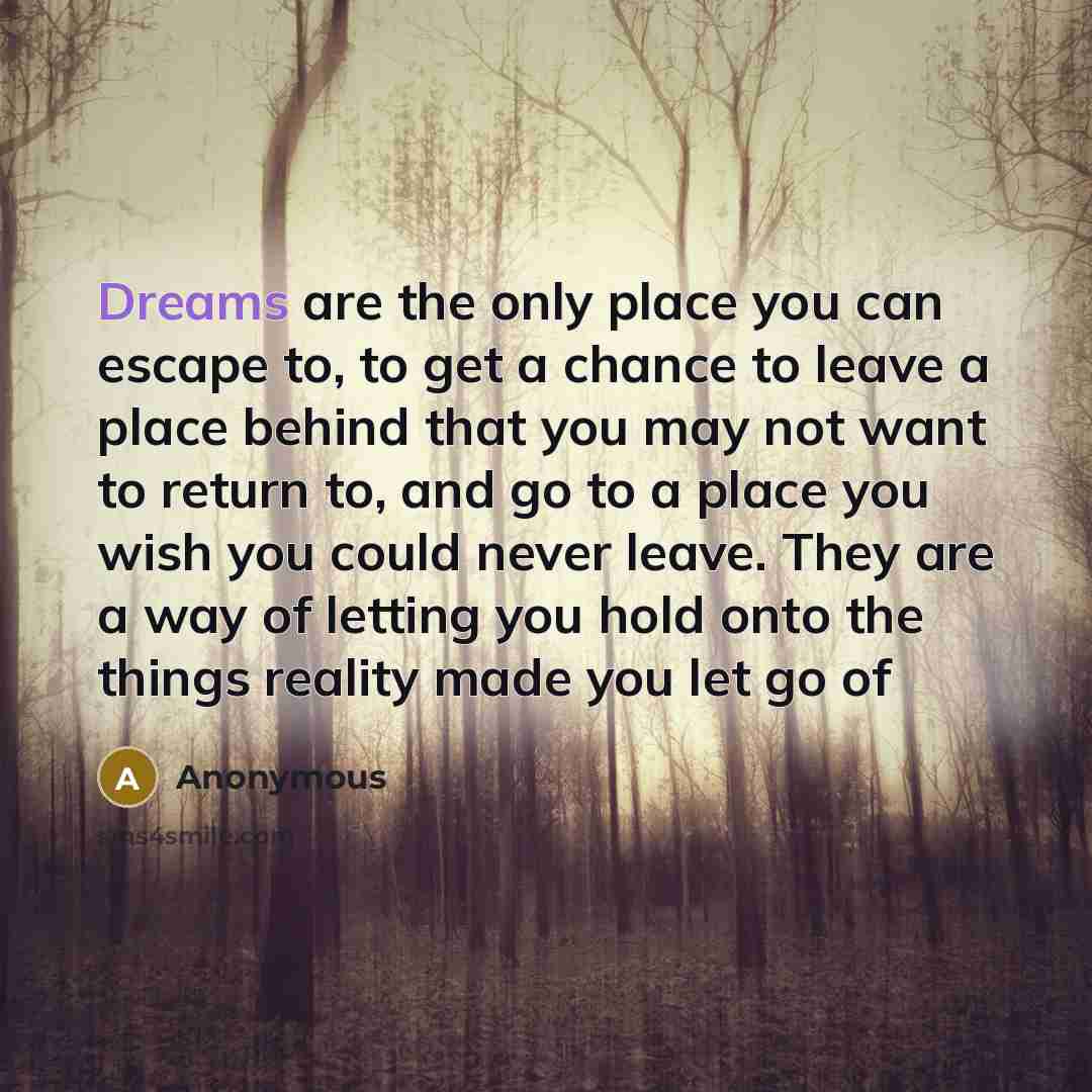 “Dreams are the only place you can escape to, to get a chance to leave a place behind that you may not want to return to, and go to a place you wish you could never leave. They are a way of letting you hold onto the things reality made you let go of” quote by Anonymous