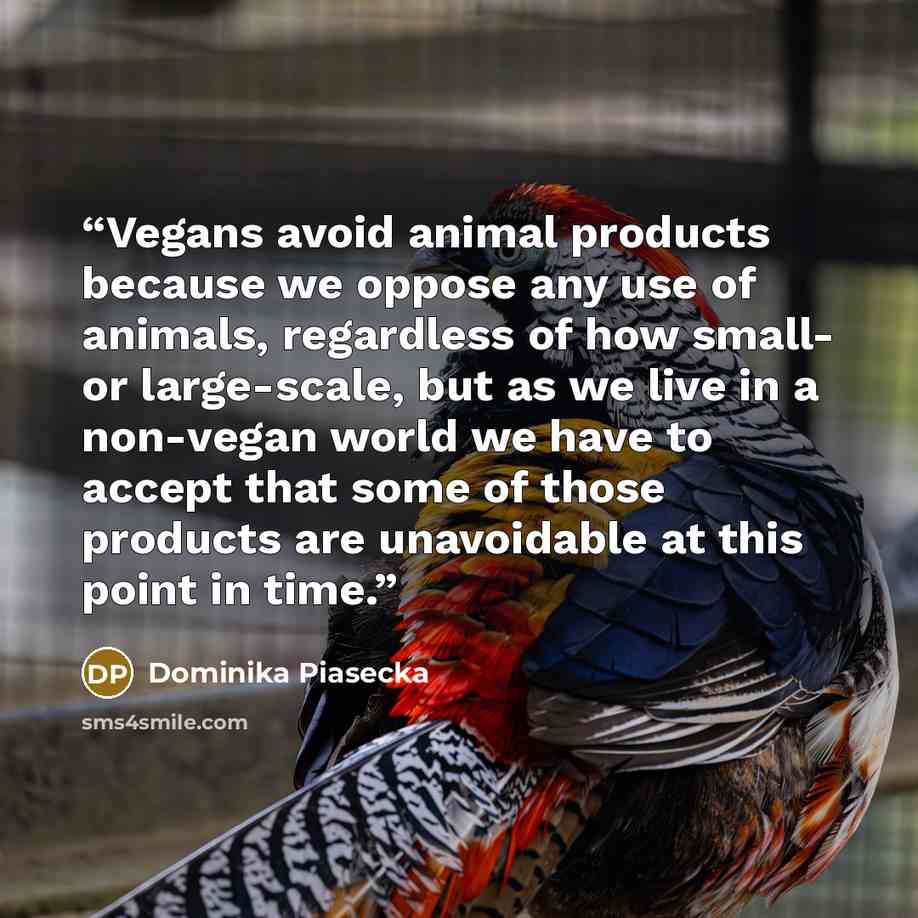 “Vegans avoid animal products because we oppose any use of animals, regardless of how small- or large-scale, but as we live in a non-vegan world we have to accept that some of those products are unavoidable at this point in time.” quote by Dominika Piasecka