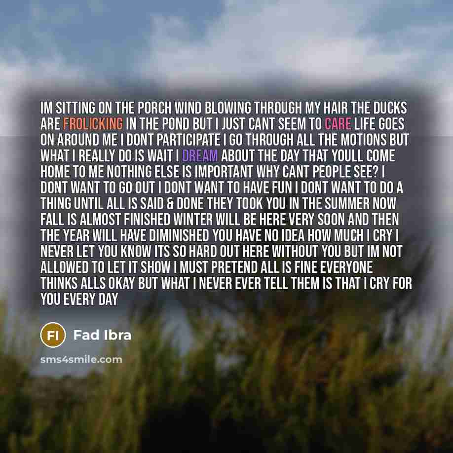 “Im sitting on the porch Wind blowing through my hair The ducks are frolicking in the pond But I just cant seem to care Life goes on around me I dont participate I go through all the motions But what I really do is wait I dream about the day That youll come home to me Nothing else is important Why…” quote by Fad Ibra