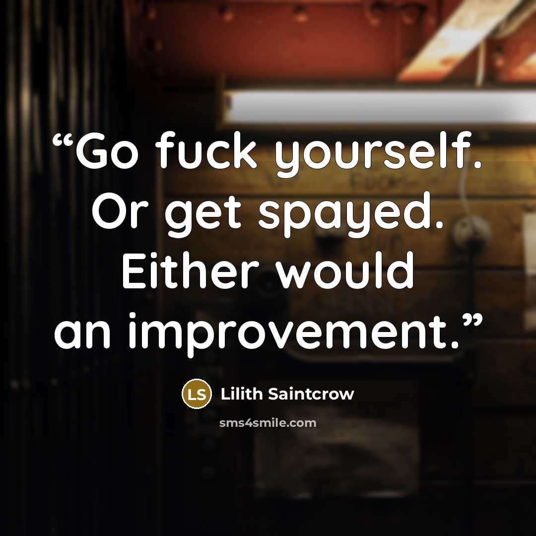 “Go fuck yourself. Or get spayed. Either would an improvement.” quote by Lilith Saintcrow