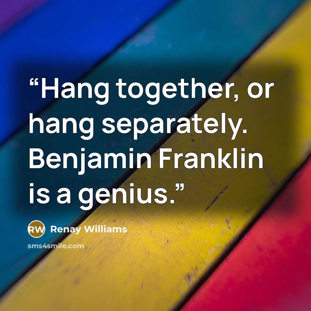 “Hang together, or hang separately. Benjamin Franklin is a genius.” quote by Renay Williams