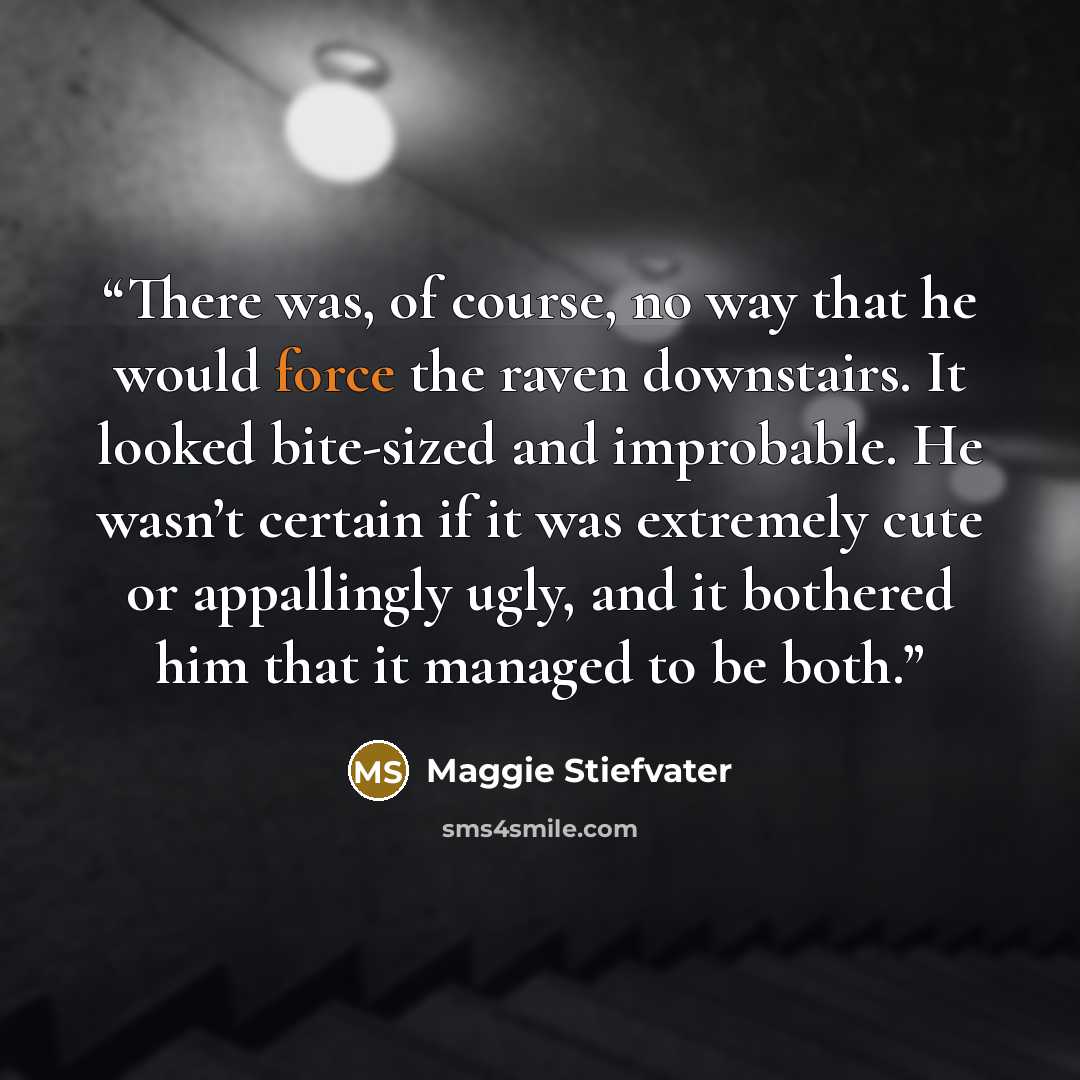 “There was, of course, no way that he would force the raven downstairs. It looked bite-sized and improbable. He wasn’t certain if it was extremely cute or appallingly ugly, and it bothered him that it managed to be both.” quote by Maggie Stiefvater