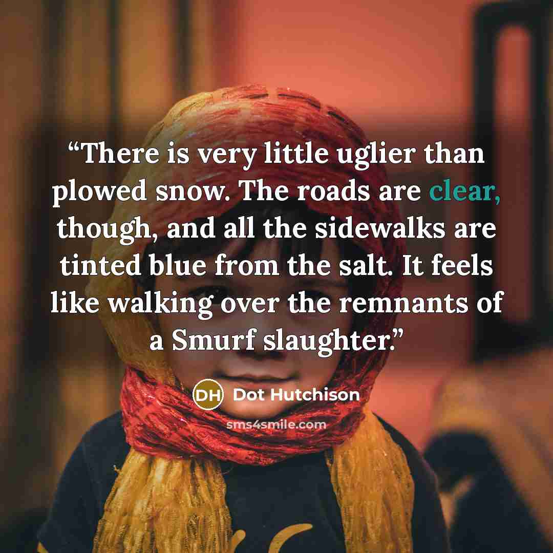 “There is very little uglier than plowed snow. The roads are clear, though, and all the sidewalks are tinted blue from the salt. It feels like walking over the remnants of a Smurf slaughter.” quote by Dot Hutchison