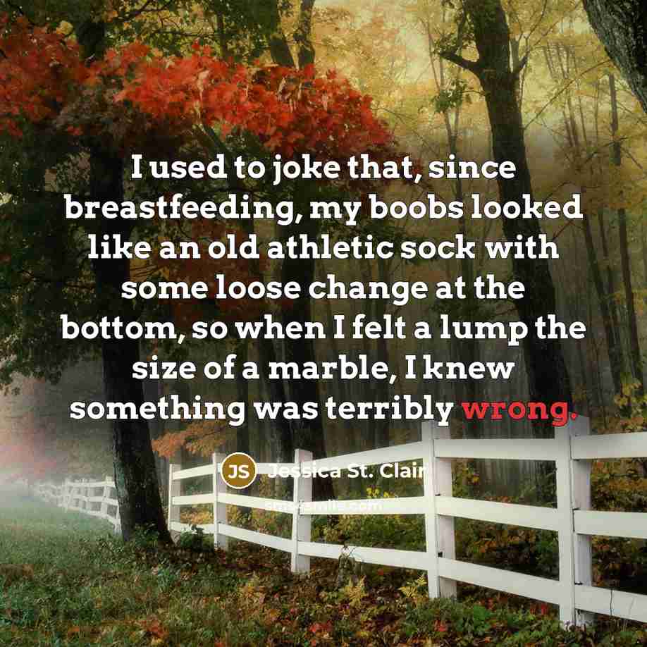 “I used to joke that, since breastfeeding, my boobs looked like an old athletic sock with some loose change at the bottom, so when I felt a lump the size of a marble, I knew something was terribly wrong.” quote by Jessica St. Clair