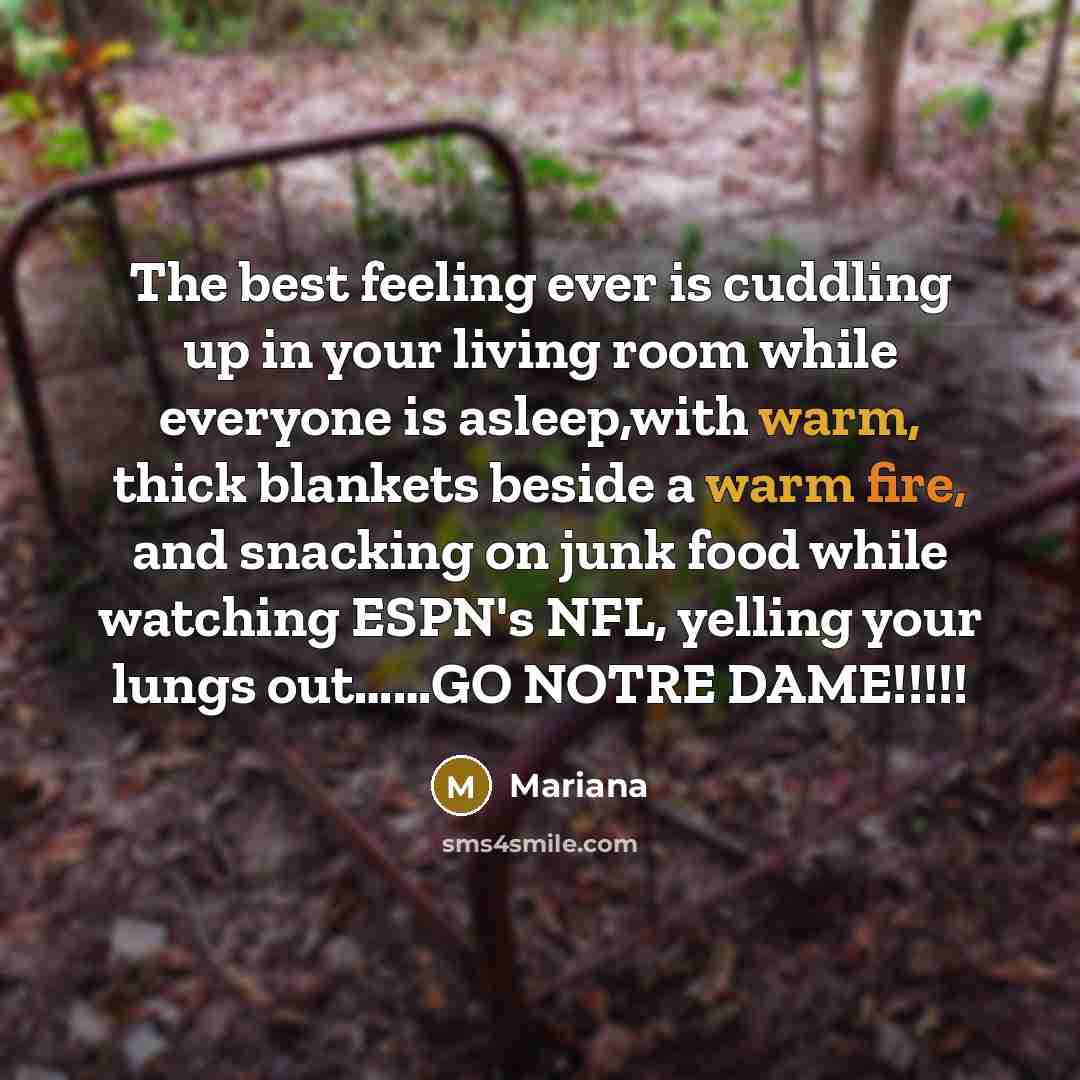“The best feeling ever is cuddling up in your living room while everyone is asleep,with warm, thick blankets beside a warm fire, and snacking on junk food while watching ESPN's NFL, yelling your lungs out……GO NOTRE DAME!!!!!” quote by Mariana