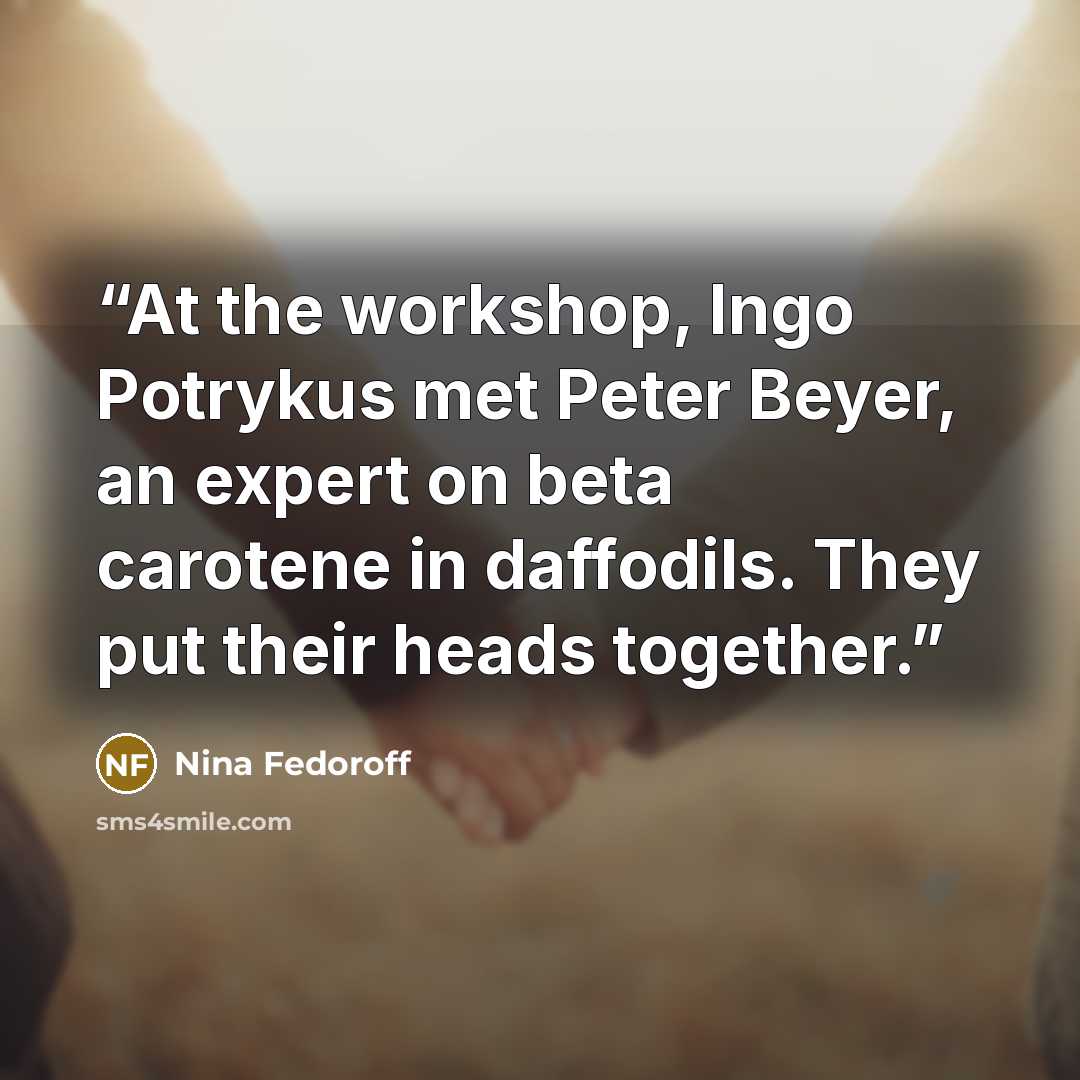“At the workshop, Ingo Potrykus met Peter Beyer, an expert on beta carotene in daffodils. They put their heads together.” quote by Nina Fedoroff
