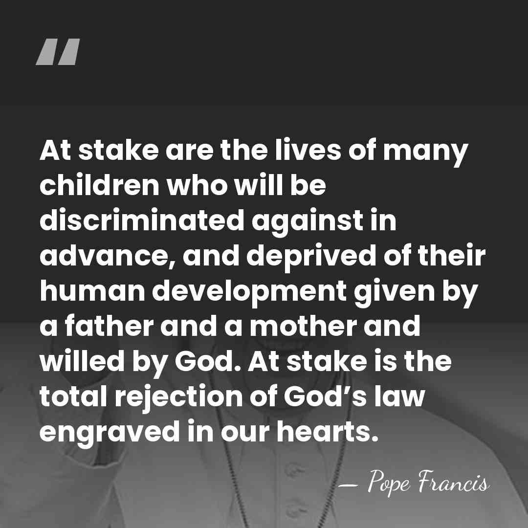 At stake are the lives of many children who will be discriminated&hellip; - Pope Francis