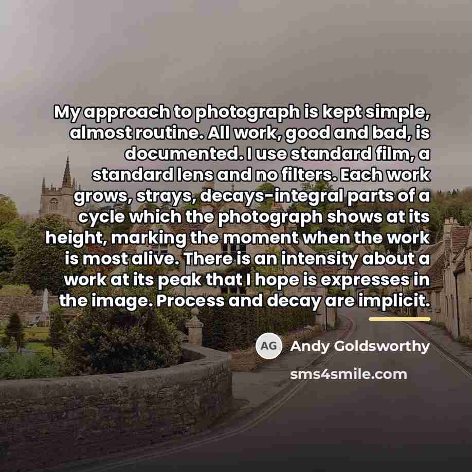 “My approach to photograph is kept simple, almost routine. All…” quote by Andy Goldsworthy