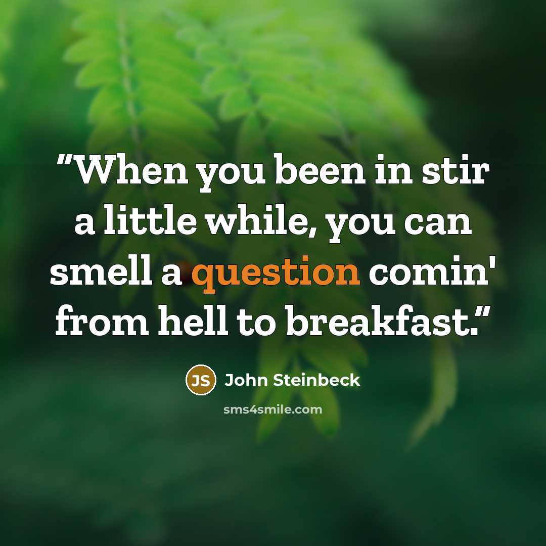 “When you been in stir a little while, you can smell a question comin' from hell to breakfast.” quote by John Steinbeck