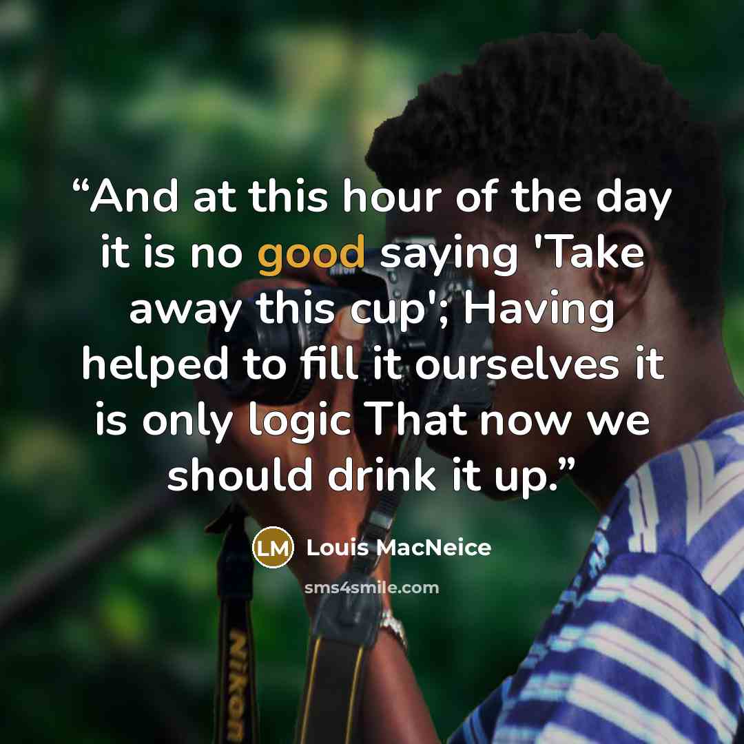 “And at this hour of the day it is no good saying 'Take away this cup'; Having helped to fill it ourselves it is only logic That now we should drink it up.” quote by Louis MacNeice