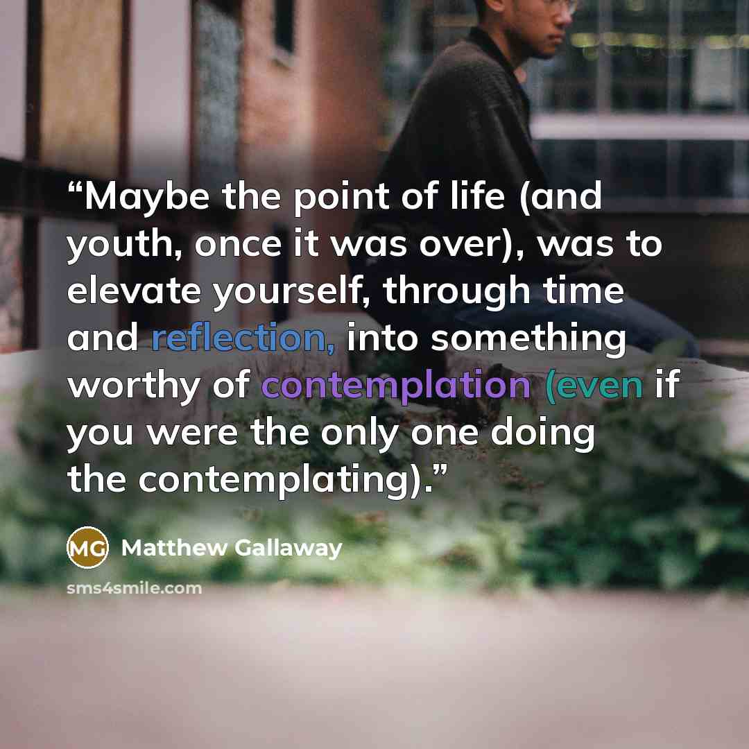 “Maybe the point of life (and youth, once it was over), was to elevate yourself, through time and reflection, into something worthy of contemplation (even if you were the only one doing the contemplating).” quote by Matthew Gallaway