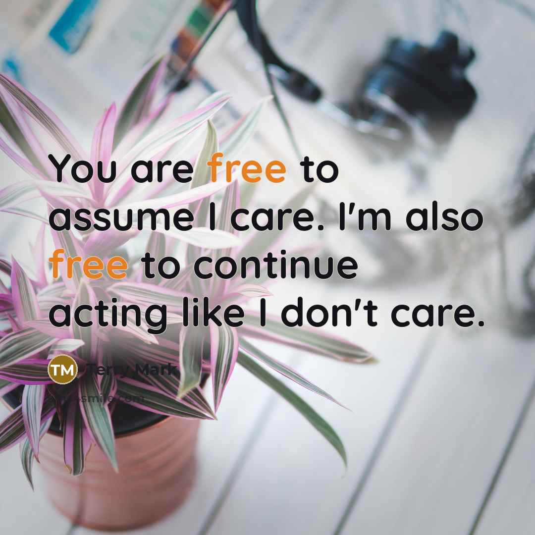 “You are free to assume I care. I'm also free…” quote by Terry Mark