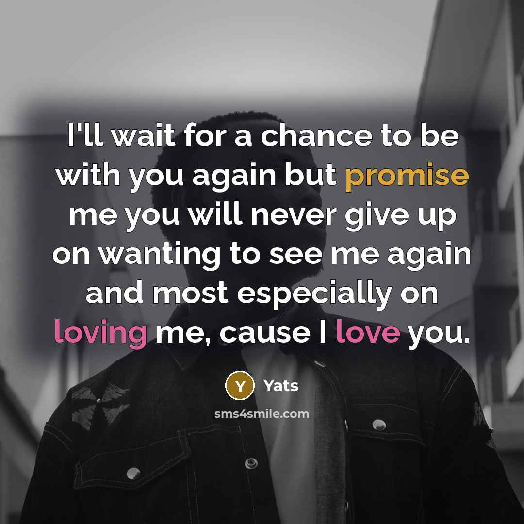 “I'll wait for a chance to be with you again but promise me you will never give up on wanting to see me again and most especially on loving me, cause I love you.” quote by Yats