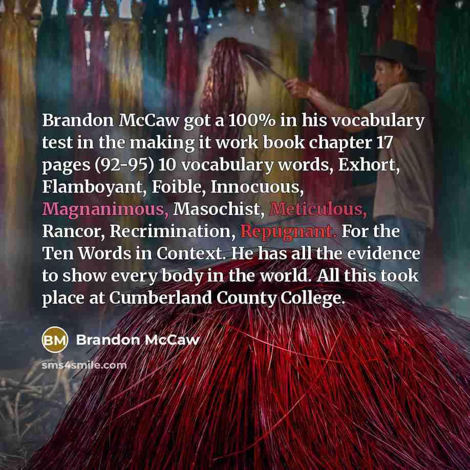 “Brandon McCaw got a 100% in his vocabulary test in the making it work book chapter 17 pages (92-95) 10 vocabulary words, Exhort, Flamboyant, Foible, Innocuous, Magnanimous, Masochist, Meticulous, Rancor, Recrimination, Repugnant. For the Ten Words in Context. He has all the evidence to show every…” quote by Brandon McCaw