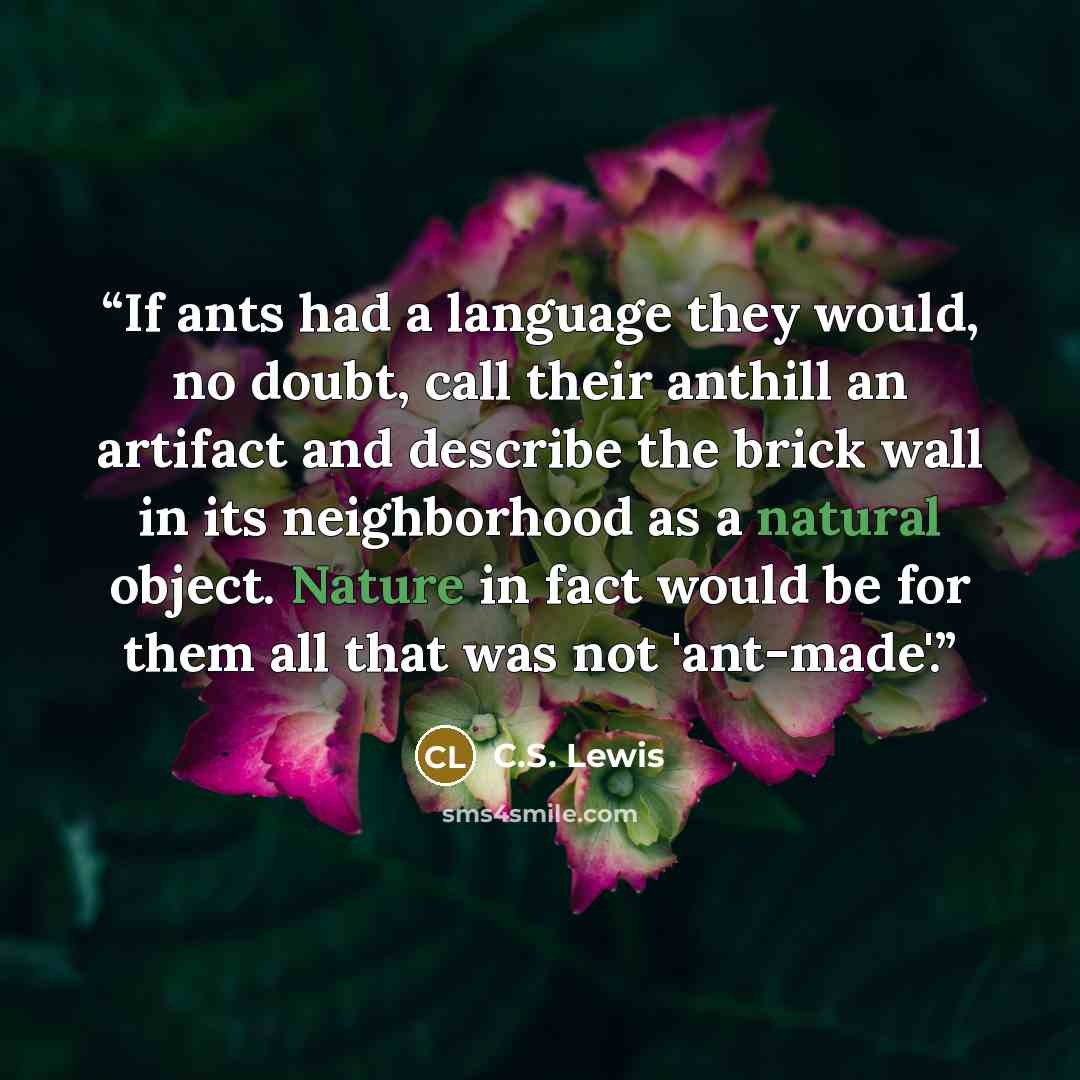 “If ants had a language they would, no doubt, call their anthill an artifact and describe the brick wall in its neighborhood as a natural object. Nature in fact would be for them all that was not 'ant-made'.” quote by C.S. Lewis