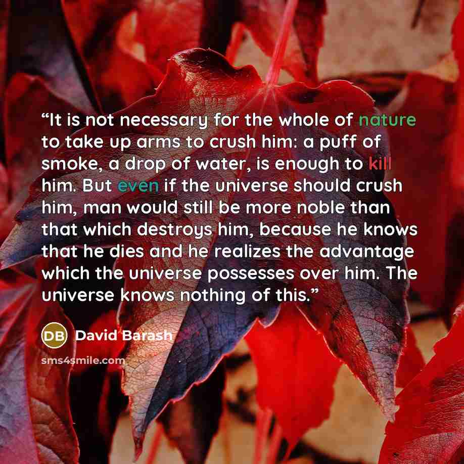 “It is not necessary for the whole of nature to take up arms to crush him: a puff of smoke, a drop of water, is enough to kill him. But even if the universe should crush him, man would still be more noble than that which destroys him, because he knows that he dies and he realizes the advantage…” quote by David Barash