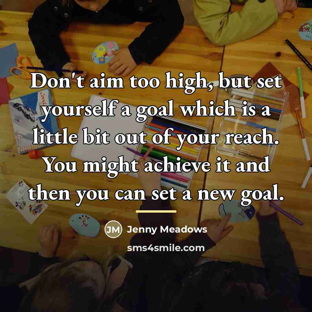 “Don't aim too high, but set yourself a goal which…” quote by Jenny Meadows