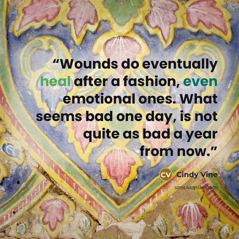 “Wounds do eventually heal after a fashion, even emotional ones. What seems bad one day, is not quite as bad a year from now.” quote by Cindy Vine