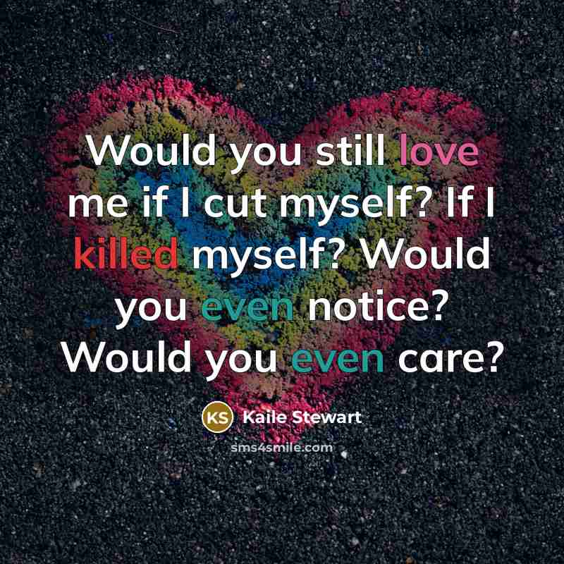 “Would you still love me if I cut myself? If I killed myself? Would you even notice? Would you even care?” quote by Kaile Stewart