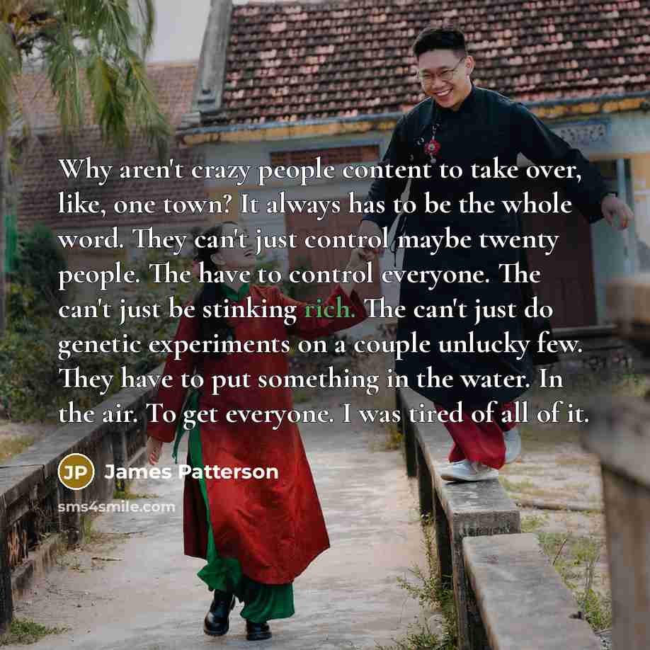 “Why aren't crazy people content to take over, like, one…” quote by James Patterson