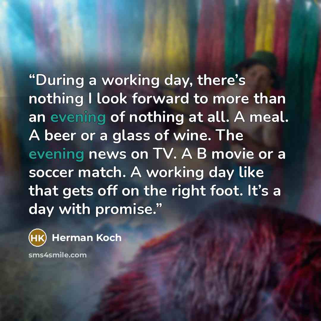 “During a working day, there’s nothing I look forward to more than an evening of nothing at all. A meal. A beer or a glass of wine. The evening news on TV. A B movie or a soccer match. A working day like that gets off on the right foot. It’s a day with promise.” quote by Herman Koch