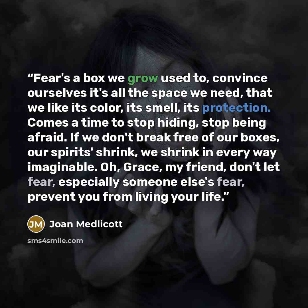 “Fear's a box we grow used to, convince ourselves it's all the space we need, that we like its color, its smell, its protection. Comes a time to stop hiding, stop being afraid. If we don't break free of our boxes, our spirits' shrink, we shrink in every way imaginable. Oh, Grace, my friend, don't…” quote by Joan Medlicott