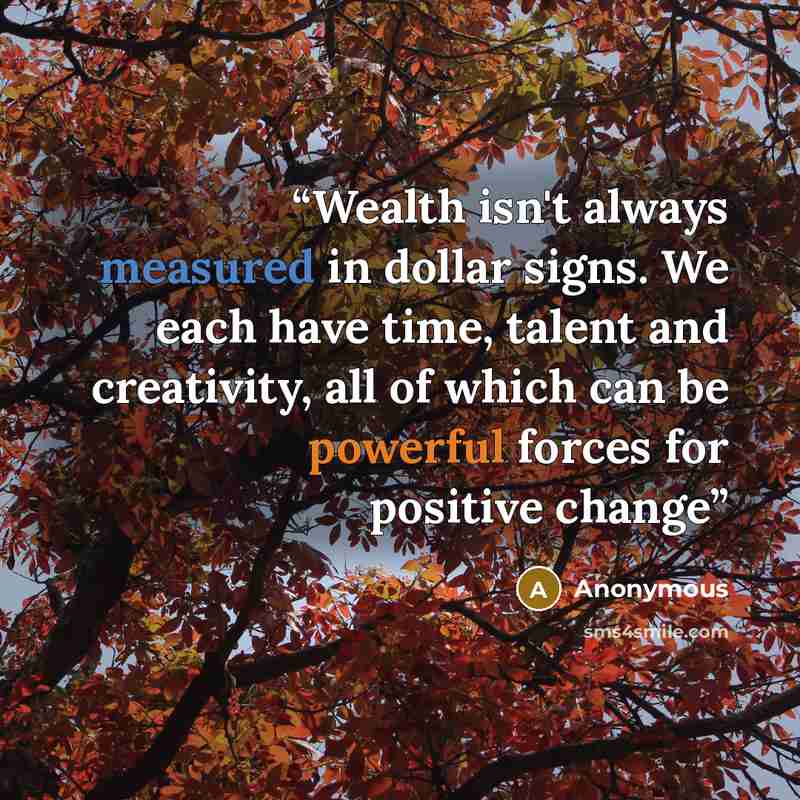 “Wealth isn't always measured in dollar signs. We each have time, talent and creativity, all of which can be powerful forces for positive change” quote by Anonymous